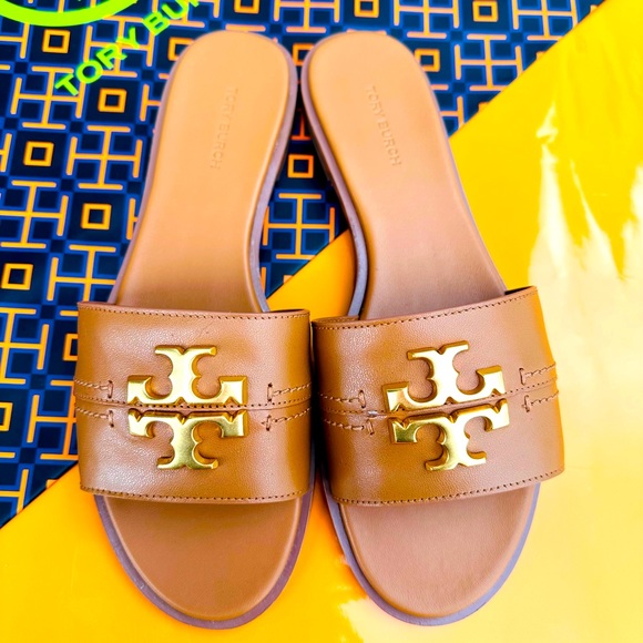 NIB Tory Burch Everly Slide Flat Sandals Royal Tan Brass Logo Leather Many Sizes